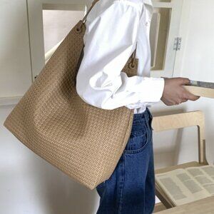 Vegan Faux Leather Woven Tote Shoulder Bag